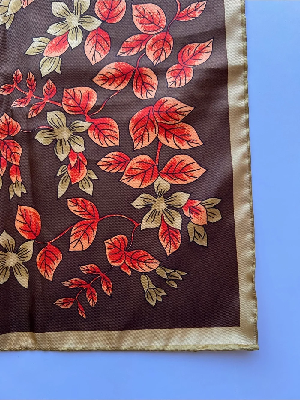 Vintage Vera Neumann Square Scarf in Brown with Orange & Gold Leaves 26” Square